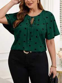 Reflora Plus Size Front Tie Short Sleeve All-Over Heart Print Simple Casual Blouse, For Everyday Wear, For Summer - Dark Green - View 1