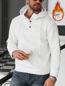Manfinity CasualCool 男士休闲时尚街头纹理面料拼接保暖连帽抽绳套头卫衣，秋冬男士毛衣连帽衫，男士休闲连帽衫，男士套头连帽衫，带纽扣，复古风格，适合日常休闲、周末旅行、户外活动、探险旅行、轻松的工作环境，可作为男友/丈夫礼物、周年纪念/生日礼物、派对礼物、暑假礼物、新年礼物、婚礼礼物、情人节礼物。 - 白色 - 查看 2