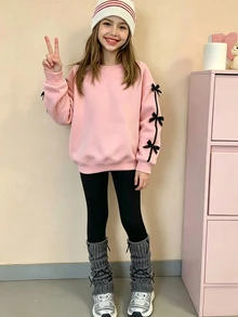 Genkimix Kids Tween Girls Crew Neck Sweatshirt Black Bow Decor On Sleeve High Waist Leggings 2pcs Set Y2k Cute Soft Outfit School Student Pink Autumn - Pink - View 4