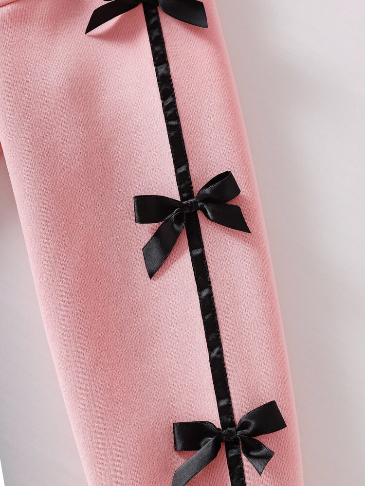 Genkimix Kids Tween Girls Crew Neck Sweatshirt Black Bow Decor On Sleeve High Waist Leggings 2pcs Set Y2k Cute Soft Outfit School Student Pink Autumn - Pink - View 9