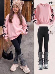 Genkimix Kids Tween Girls Crew Neck Sweatshirt Black Bow Decor On Sleeve High Waist Leggings 2pcs Set Y2k Cute Soft Outfit School Student Pink Autumn - Pink - View 1