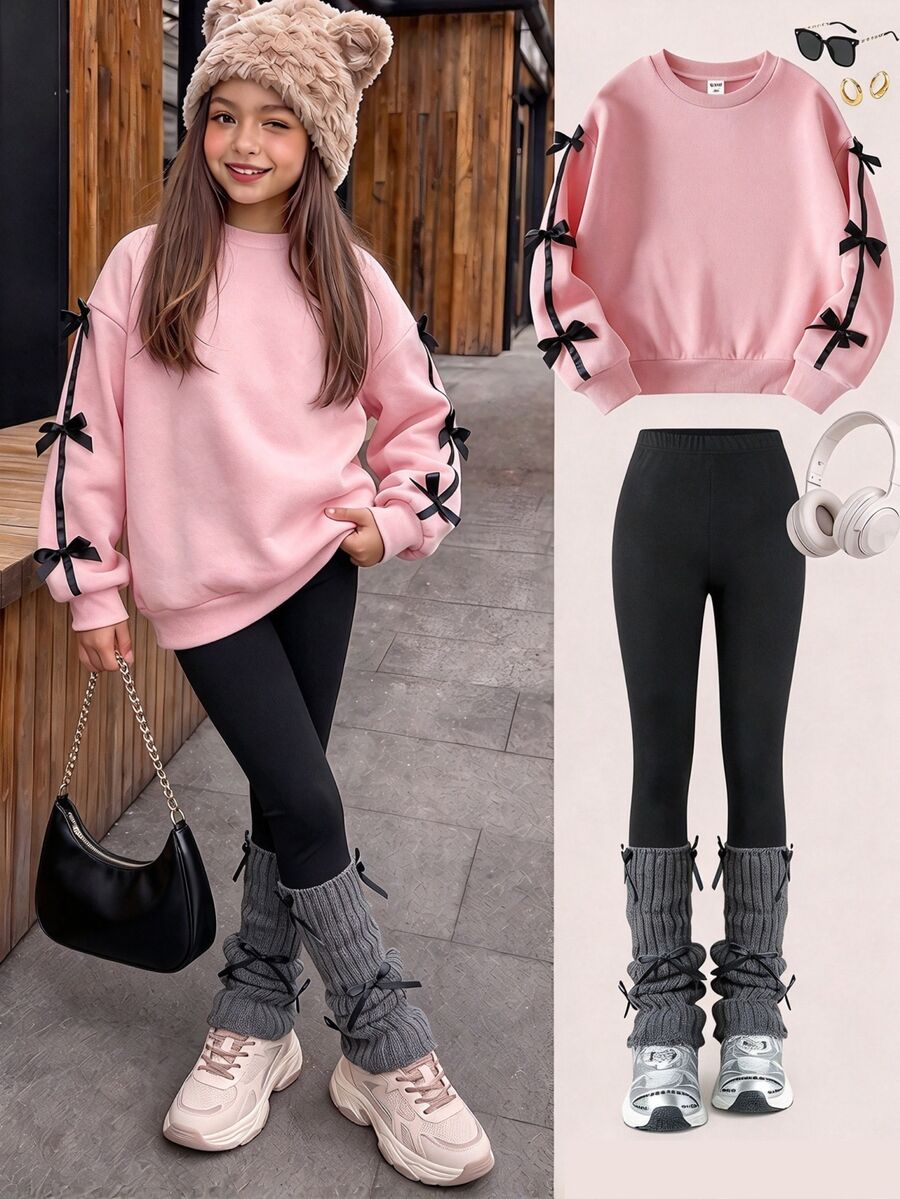Genkimix Kids Tween Girls Crew Neck Sweatshirt Black Bow Decor On Sleeve High Waist Leggings 2pcs Set Y2k Cute Soft Outfit School Student Pink Autumn - Pink - View 1
