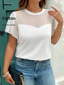 SHEIN Clasi 大尺碼女款圓領短袖上衣 波點網布拼接荷葉邊設計 - 白色 - 查看 6