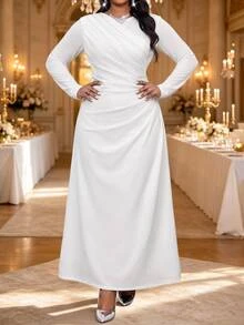 Fleurora Plus Size Women's Solid Color Pleated Casual Party Summer Dress Fall White Dress For Civil Wedding Church Dress White Dresses Wedding Guest Dress - White - View 3