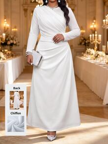 Fleurora Plus Size Women's Solid Color Pleated Casual Party Summer Dress Fall White Dress For Civil Wedding Church Dress White Dresses Wedding Guest Dress - White - View 2
