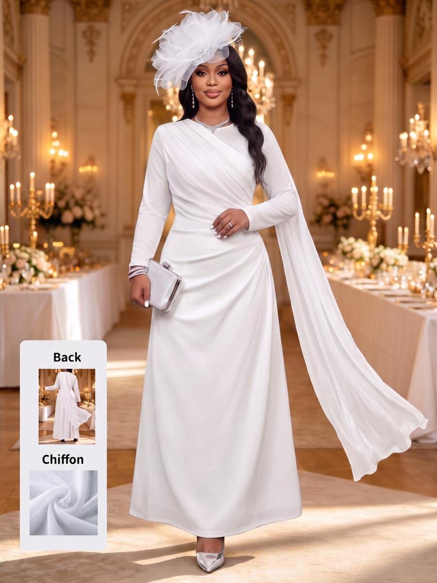 Fleurora Plus Size Women's Solid Color Pleated Casual Party Summer Dress Fall White Dress For Civil Wedding Church Dress White Dresses Wedding Guest Dress - White - View 1