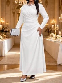Fleurora Plus Size Women's Solid Color Pleated Casual Party Summer Dress Fall White Dress For Civil Wedding Church Dress White Dresses Wedding Guest Dress - White - View 4