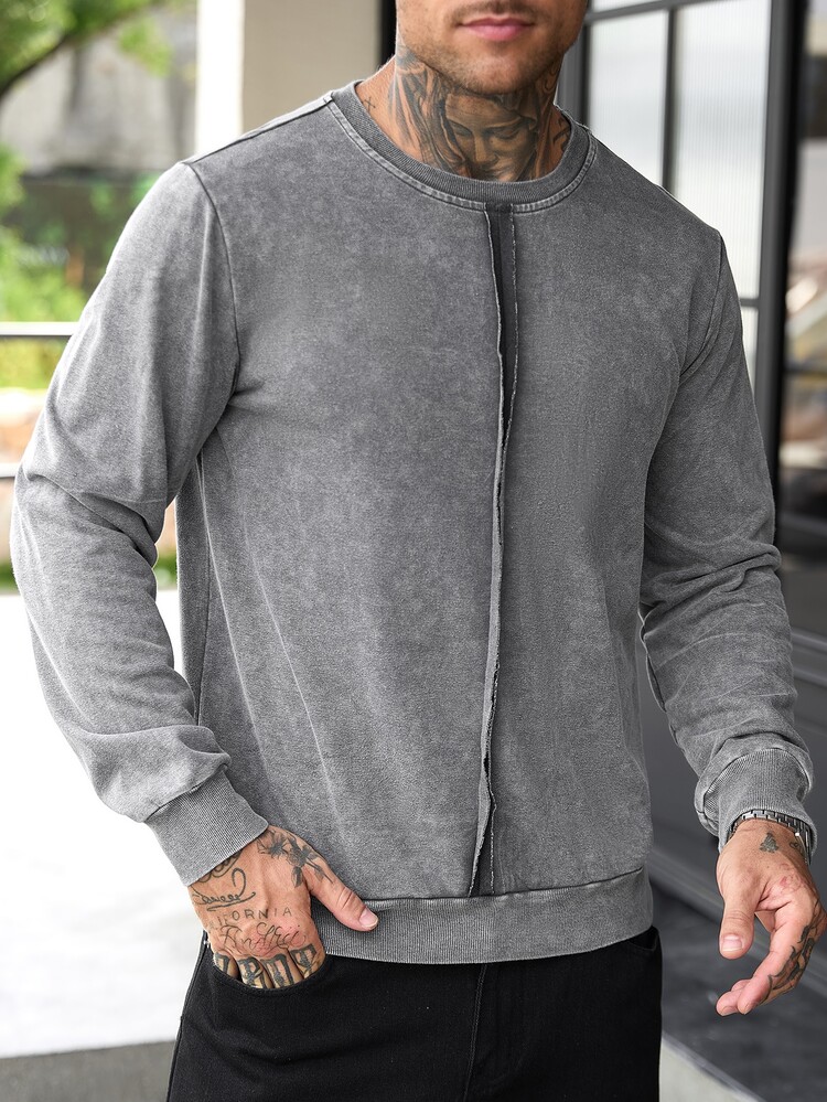 Manfinity CasualCool Men's Crew Neck Long Sleeve Casual Streetwear Distressed Pullover Sweatshirt Date Night Holiday Gray Autumn - Grey - View 3