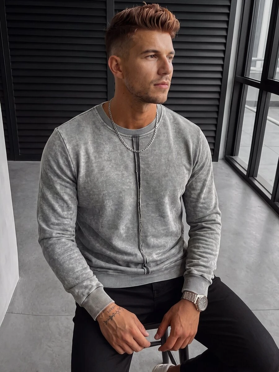 Manfinity CasualCool Men's Crew Neck Long Sleeve Casual Streetwear Distressed Pullover Sweatshirt Date Night Holiday Gray Autumn - Grey - View 1