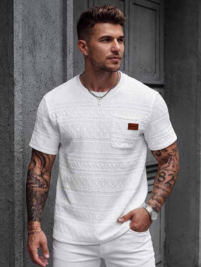 Manfinity CasualCool Men's Retro Geometric Jacquard White T-Shirt,Summer Casual Vacation Solid Color Left Chest Pocket With Logo,Versatile Party Office Home Outdoor Gift