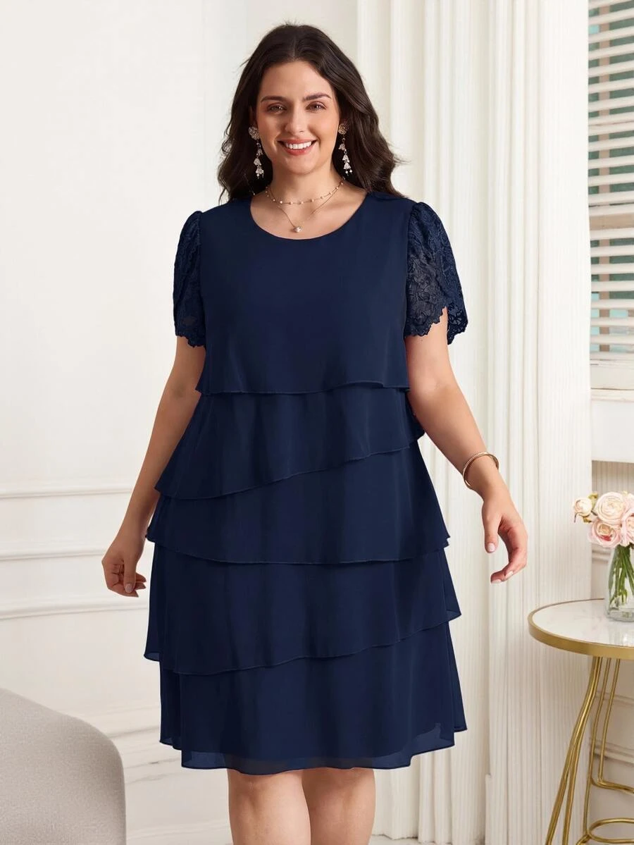 Reflora Plus Size Women's Fashion Petal Sleeve Round Neck Multi-Layer Dress - Navy Blue - View 1