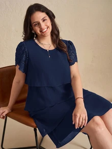 Reflora Plus Size Women's Fashion Petal Sleeve Round Neck Multi-Layer Dress - Navy Blue - View 4