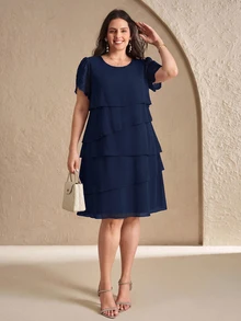 Reflora Plus Size Women's Fashion Petal Sleeve Round Neck Multi-Layer Dress - Navy Blue - View 9
