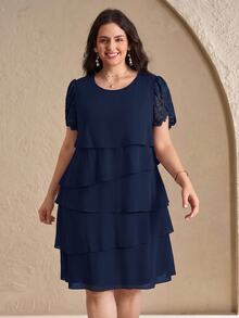 Reflora Plus Size Women's Fashion Petal Sleeve Round Neck Multi-Layer Dress - Navy Blue - View 5
