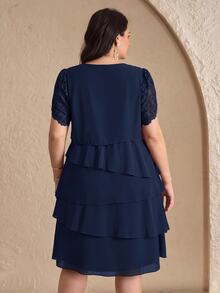 Reflora Plus Size Women's Fashion Petal Sleeve Round Neck Multi-Layer Dress - Navy Blue - View 6
