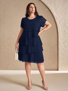 Reflora Plus Size Women's Fashion Petal Sleeve Round Neck Multi-Layer Dress - Navy Blue - View 7