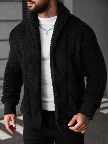 Manfinity CasualCool 男式纯色长袖羊毛休闲保暖夹克黑色，秋冬 - 黑色 - 查看 3