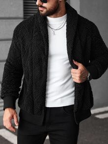Manfinity CasualCool 男式纯色长袖羊毛休闲保暖夹克黑色，秋冬 - 黑色 - 查看 6