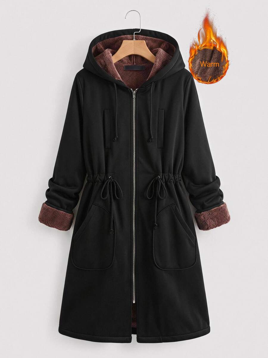 SHEIN LUNE Plus Size Women's Thermal Lined Casual Baggy Versatile Autumn Hooded Jacket Holiday Going Out Black - Black - View 1