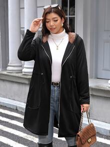 SHEIN LUNE Plus Size Women's Thermal Lined Casual Baggy Versatile Autumn Hooded Jacket Holiday Going Out Black - Black - View 4
