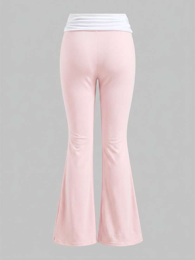 SHEIN Teen Girl Fashionable Versatile Contrast Color Folded Waist Flare Pants - Pink - View 6