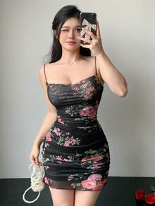 Joudiya 女士花卉印花简约日常装细肩带连衣裙派对女士太阳裙返校节连衣裙 - 黑色 - 查看 7