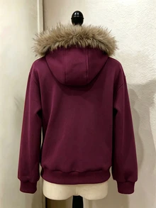 SHEIN 青少年女孩 Y2K 風格蜘蛛網圖案連帽外套，天鵝絨毛飾邊抓絨內裡拉鍊保暖夾克大衣，秋冬保暖舒適日常上學穿搭 - 酒紅色 - 查看 3