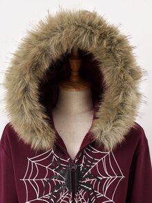 SHEIN 青少年女孩 Y2K 風格蜘蛛網圖案連帽外套，天鵝絨毛飾邊抓絨內裡拉鍊保暖夾克大衣，秋冬保暖舒適日常上學穿搭 - 酒紅色 - 查看 4