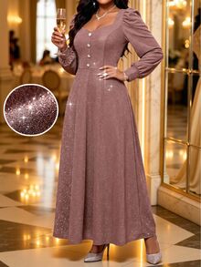 Fleurora Plus Size Women Solid Color Elegant Casual Waist-Cinched Party Cocktail Formal Dress Autumn Dusty Pink - Gold - View 2