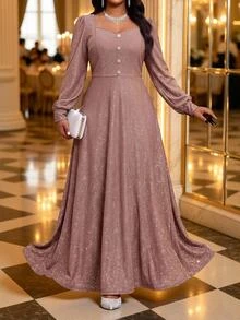 Fleurora Plus Size Women Solid Color Elegant Casual Waist-Cinched Party Cocktail Formal Dress Autumn Dusty Pink - Gold - View 5
