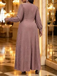 Fleurora Plus Size Women Solid Color Elegant Casual Waist-Cinched Party Cocktail Formal Dress Autumn Dusty Pink - Gold - View 3