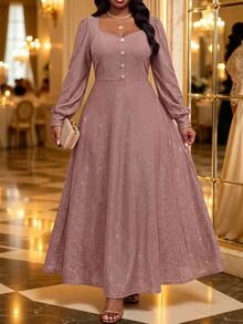 Fleurora Plus Size Women Solid Color Elegant Casual Waist-Cinched Party Cocktail Formal Dress Autumn Dusty Pink - Gold - View 4