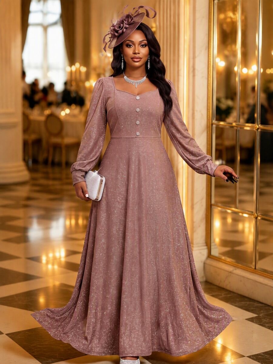 Fleurora Plus Size Women Solid Color Elegant Casual Waist-Cinched Party Cocktail Formal Dress Autumn Dusty Pink - Gold - View 1