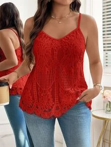 SHEIN Clasi Plus Size Elegant Solid Color Lace Camisole - Red - View 9