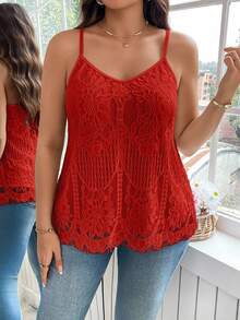 SHEIN Clasi Plus Size Elegant Solid Color Lace Camisole - Red - View 7
