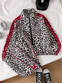 SHEIN 2件組 青少年女孩 80年代度假生日豹紋長袖上衣長褲套裝 秋季聖誕萬聖節返校穿搭 深棕色 - 彩色 - 查看 3