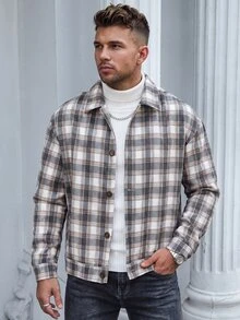 Manfinity CasualCool Men's Casual Fashion White Brown Plaid Button Long Sleeve Versatile Overcoat - Brown - View 1