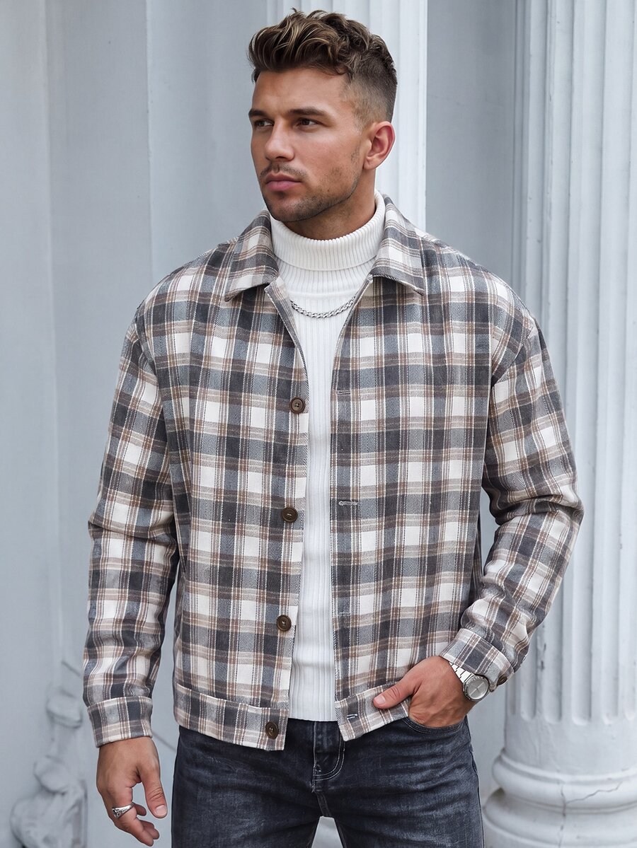 Manfinity CasualCool Men's Casual Fashion White Brown Plaid Button Long Sleeve Versatile Overcoat - Brown - View 1