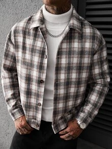 Manfinity CasualCool Men's Casual Fashion White Brown Plaid Button Long Sleeve Versatile Overcoat - Brown - View 2