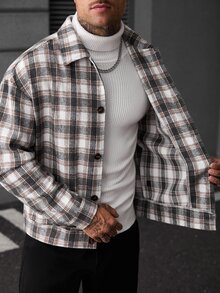 Manfinity CasualCool Men's Casual Fashion White Brown Plaid Button Long Sleeve Versatile Overcoat - Brown - View 5