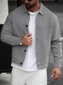 Manfinity CasualCool 男士黑白人字紋休閒居家通勤成熟風黑色圓鈕扣極簡羊毛衫 - 黑與白 - 查看 4