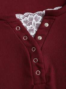 Sweetra Women's Lace Trim Mock Neck Long Sleeve Solid Color T-Shirt, Autumn Fall Cloth For Women - Red - View 6