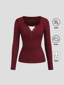 Sweetra Women's Lace Trim Mock Neck Long Sleeve Solid Color T-Shirt, Autumn Fall Cloth For Women - Red - View 3