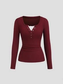 Sweetra Women's Lace Trim Mock Neck Long Sleeve Solid Color T-Shirt, Autumn Fall Cloth For Women - Red - View 4