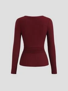 Sweetra Women's Lace Trim Mock Neck Long Sleeve Solid Color T-Shirt, Autumn Fall Cloth For Women - Red - View 2
