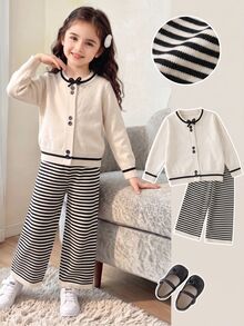 SHEIN Young Girl Bow Decor Long Sleeve Knit Cardigan And Striped Knit Pants Set Autumn Winter - Multicolor - View 1