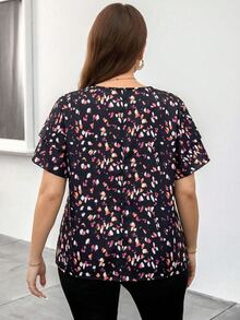 Reflora Elegant Plus Size Round Neck Double Layer Sleeve Geometric Polka Dot Print Loose Blouse - Multicolor - View 2