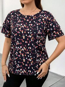 Reflora Elegant Plus Size Round Neck Double Layer Sleeve Geometric Polka Dot Print Loose Blouse - Multicolor - View 6