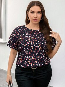 Reflora Elegant Plus Size Round Neck Double Layer Sleeve Geometric Polka Dot Print Loose Blouse - Multicolor - View 4