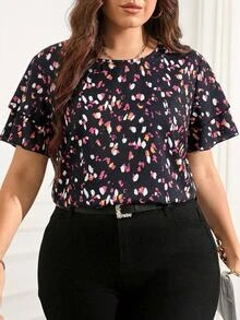 Reflora Elegant Plus Size Round Neck Double Layer Sleeve Geometric Polka Dot Print Loose Blouse - Multicolor - View 7